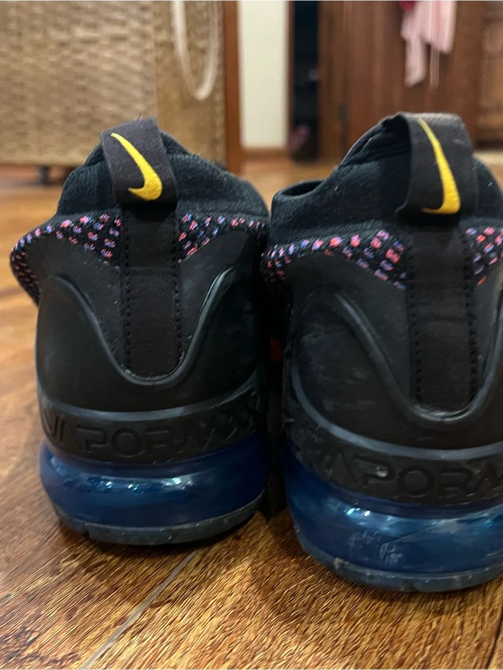 Nike Vapormax Men's Black Knit Sneakers with Pink & Yellow Stitching